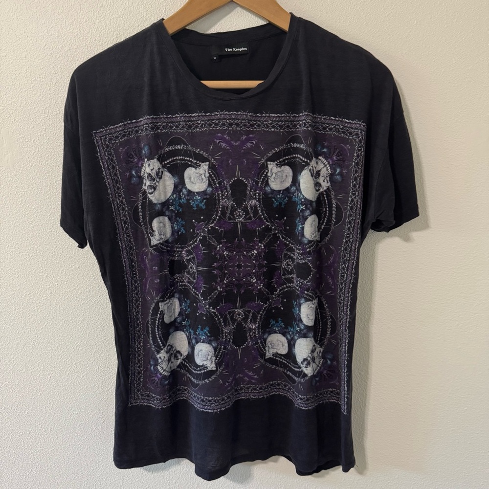 The Kooples Skull Floral Graphic Short Sleeve Crew Tee Black Linen Blend-Medium